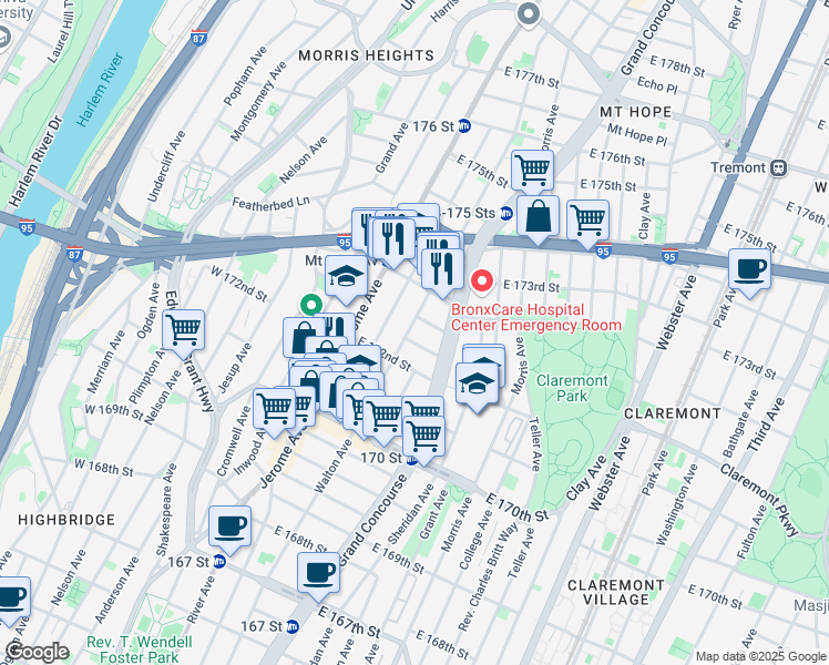 map of restaurants, bars, coffee shops, grocery stores, and more near 1540 Walton Avenue in Bronx