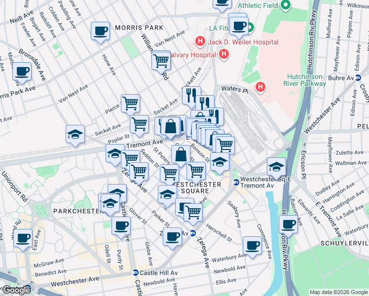 map of restaurants, bars, coffee shops, grocery stores, and more near 2522 Maclay Avenue in Bronx