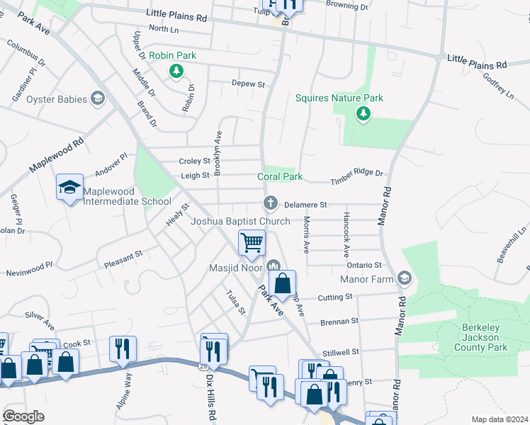 map of restaurants, bars, coffee shops, grocery stores, and more near 363 Broadway in Huntington