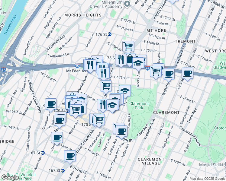map of restaurants, bars, coffee shops, grocery stores, and more near 1571 Sheridan Avenue in Bronx