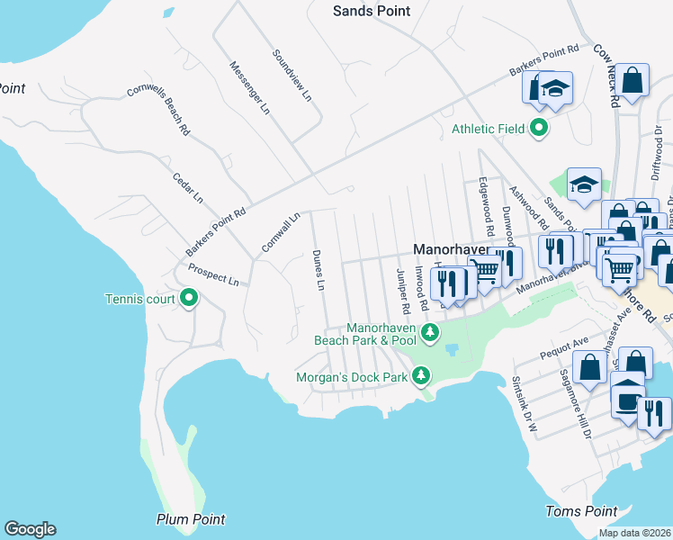 map of restaurants, bars, coffee shops, grocery stores, and more near 19 Marwood Road North in Port Washington