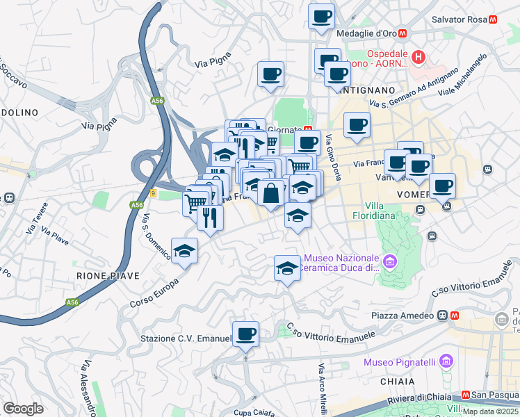 map of restaurants, bars, coffee shops, grocery stores, and more near 28 Via Santa Maria della Libera in Napoli