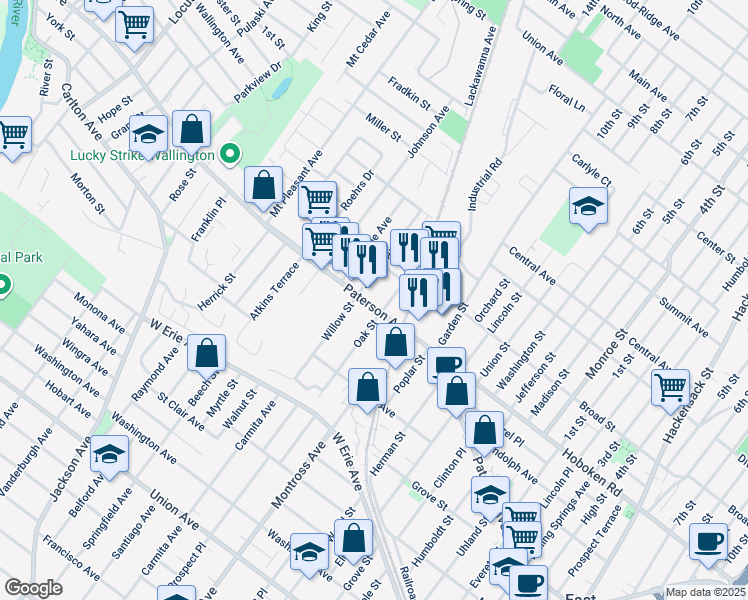 map of restaurants, bars, coffee shops, grocery stores, and more near 536 Paterson Avenue in East Rutherford
