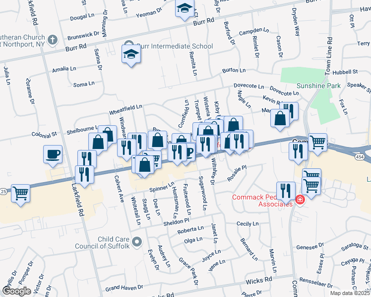map of restaurants, bars, coffee shops, grocery stores, and more near 6133 New York 25 in Commack