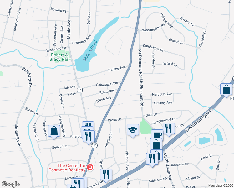 map of restaurants, bars, coffee shops, grocery stores, and more near Hauppauge Road in Smithtown
