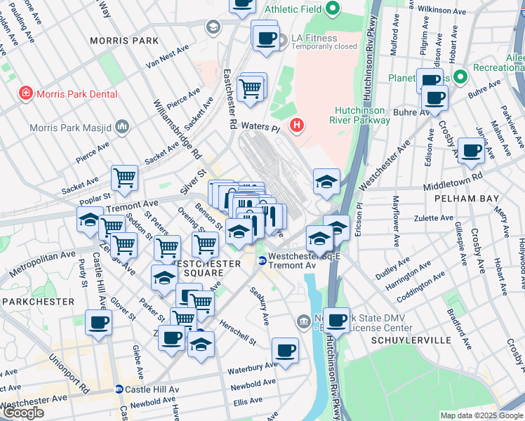 map of restaurants, bars, coffee shops, grocery stores, and more near 50 Williamsbridge Road in Bronx