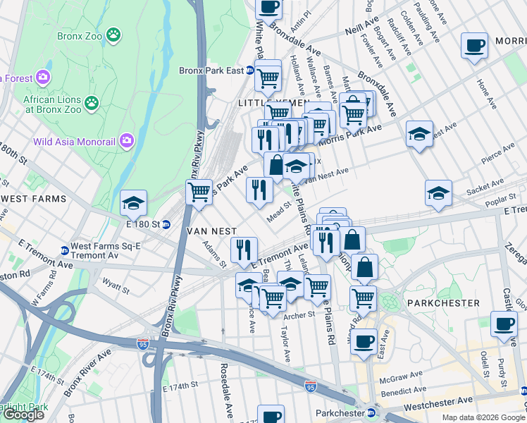 map of restaurants, bars, coffee shops, grocery stores, and more near 1653 Garfield Street in Bronx