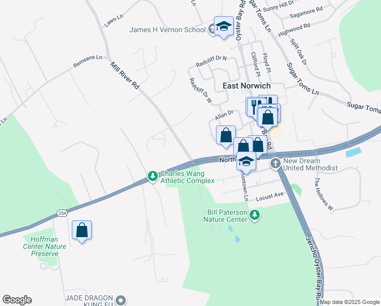 map of restaurants, bars, coffee shops, grocery stores, and more near 2 Mill River Road in East Norwich