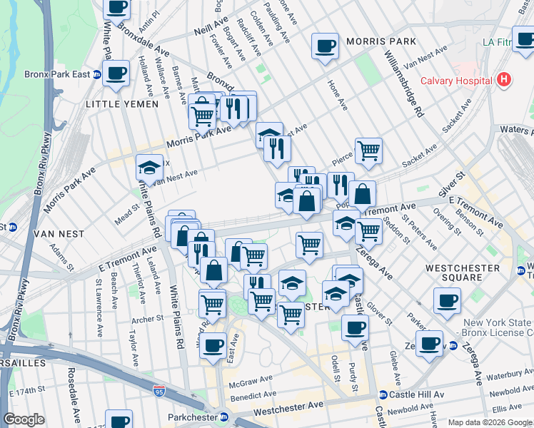 map of restaurants, bars, coffee shops, grocery stores, and more near in The Bronx