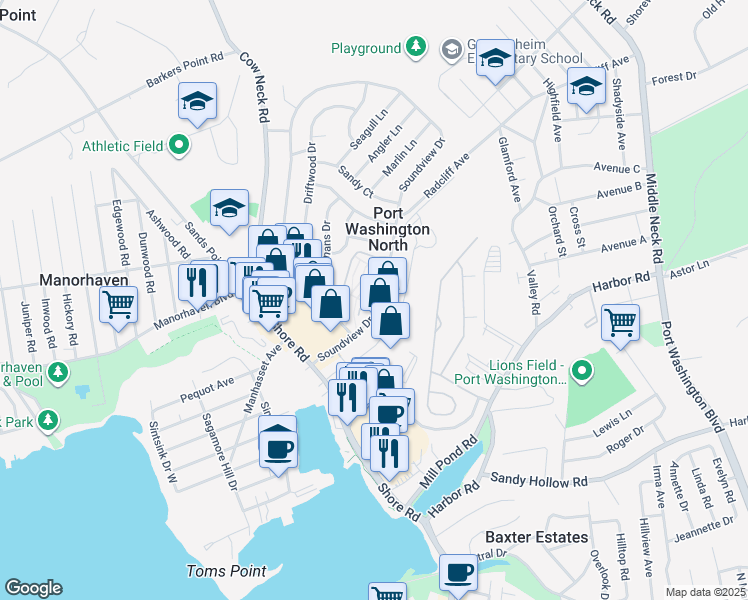 map of restaurants, bars, coffee shops, grocery stores, and more near 22 Soundview Drive in Port Washington
