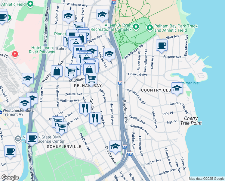 map of restaurants, bars, coffee shops, grocery stores, and more near 1424 Hollywood Avenue in Bronx