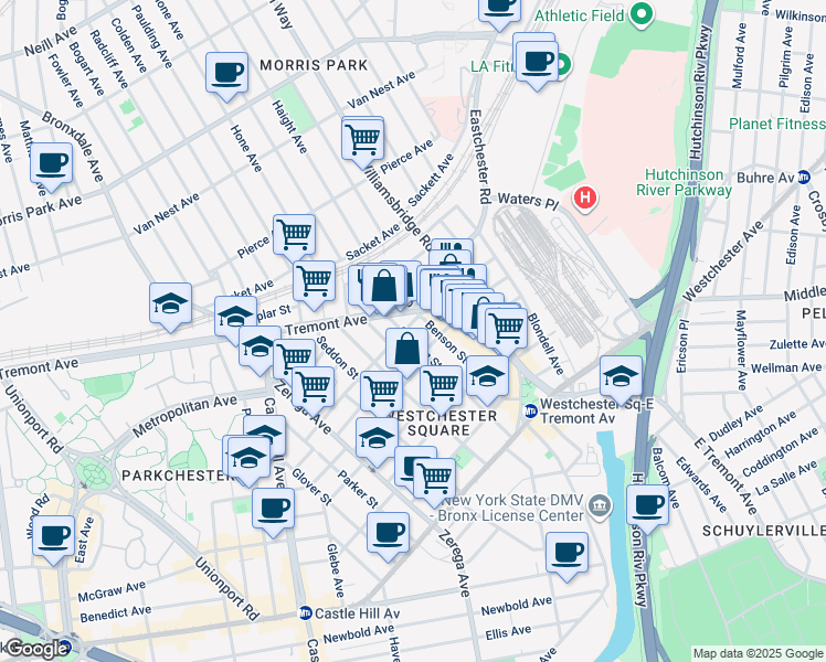 map of restaurants, bars, coffee shops, grocery stores, and more near 2522 Maclay Avenue in Bronx