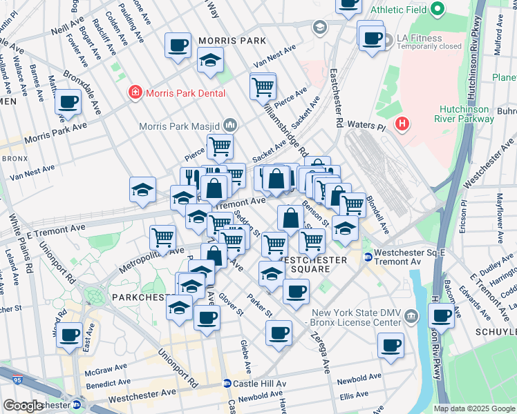 map of restaurants, bars, coffee shops, grocery stores, and more near 1717 Saint Peters Avenue in Bronx