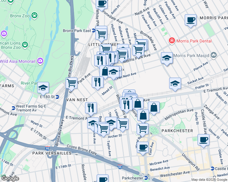 map of restaurants, bars, coffee shops, grocery stores, and more near 628 Baker Avenue in Bronx