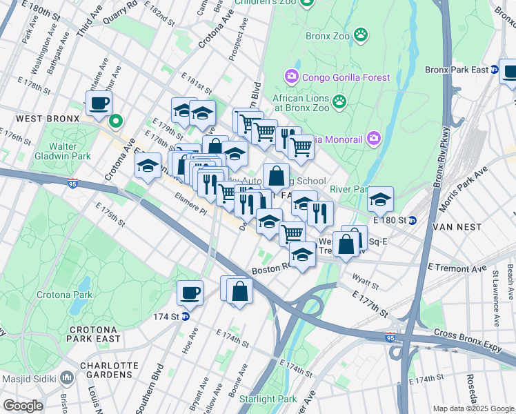 map of restaurants, bars, coffee shops, grocery stores, and more near 948 East 178th Street in Bronx