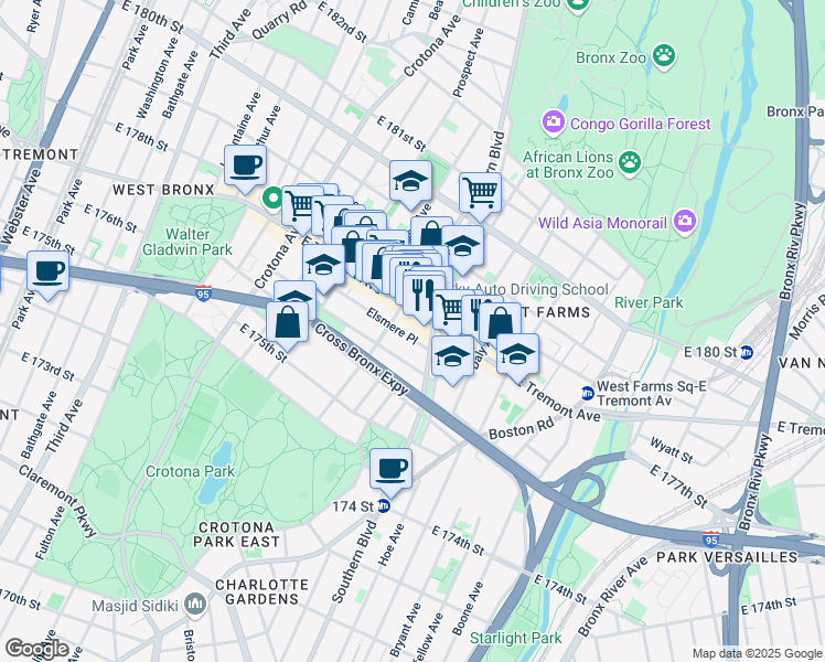 map of restaurants, bars, coffee shops, grocery stores, and more near 867 Fairmount Place in The Bronx