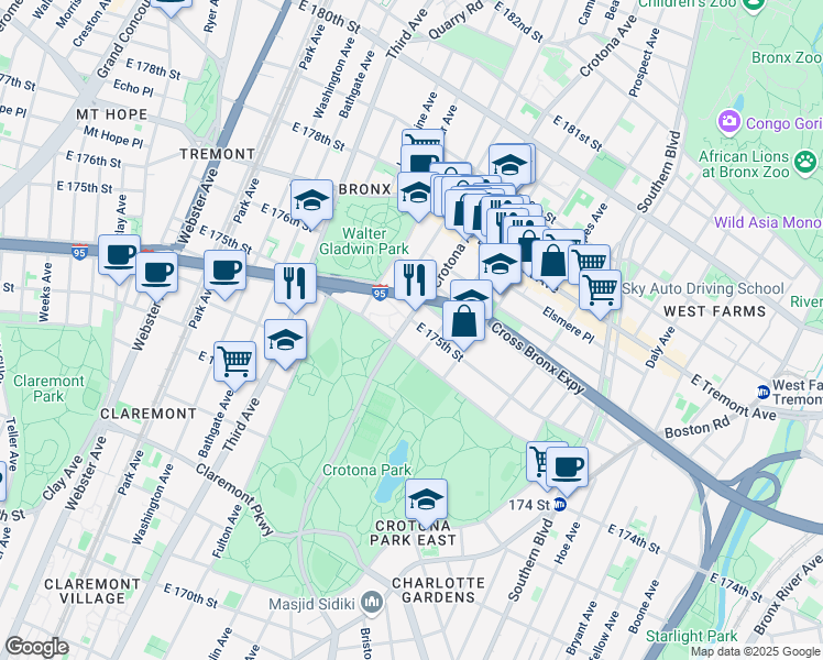map of restaurants, bars, coffee shops, grocery stores, and more near 1801 Clinton Avenue in Bronx