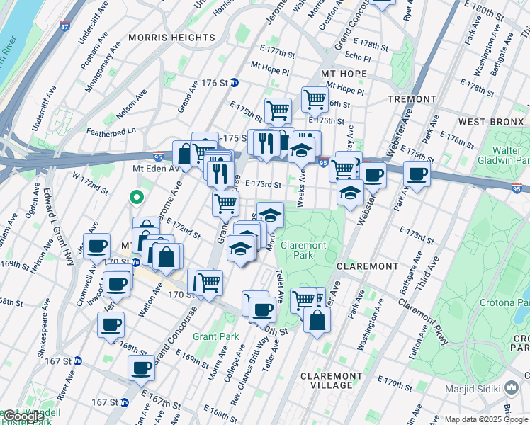 map of restaurants, bars, coffee shops, grocery stores, and more near 1540 Morris Avenue in Bronx