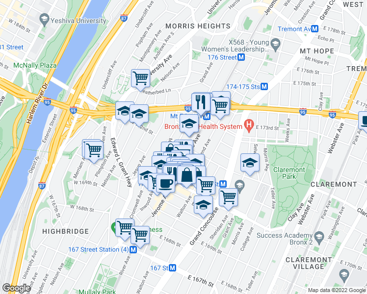 map of restaurants, bars, coffee shops, grocery stores, and more near 1481 Jerome Avenue in Bronx