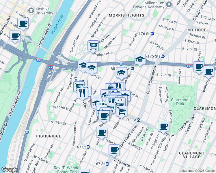 map of restaurants, bars, coffee shops, grocery stores, and more near 1448 Cromwell Avenue in Bronx