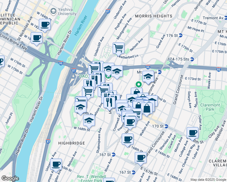 map of restaurants, bars, coffee shops, grocery stores, and more near 1391 Shakespeare Avenue in Bronx