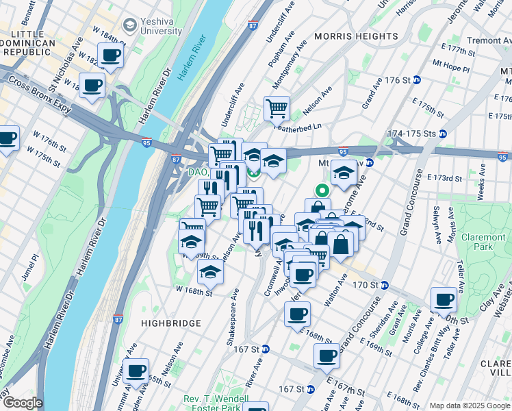 map of restaurants, bars, coffee shops, grocery stores, and more near 1391 Shakespeare Avenue in Bronx