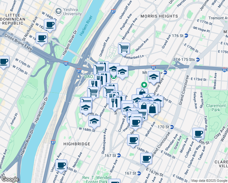 map of restaurants, bars, coffee shops, grocery stores, and more near 1391 Shakespeare Avenue in Bronx