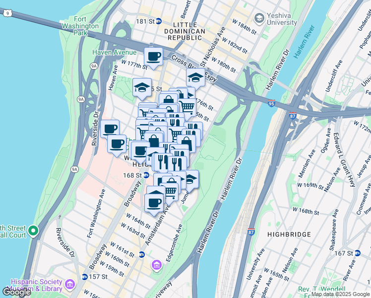 map of restaurants, bars, coffee shops, grocery stores, and more near 508 West 171st Street in New York