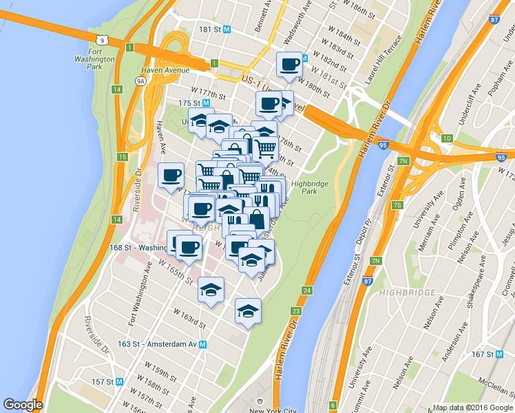 map of restaurants, bars, coffee shops, grocery stores, and more near 508 West 171st Street in New York