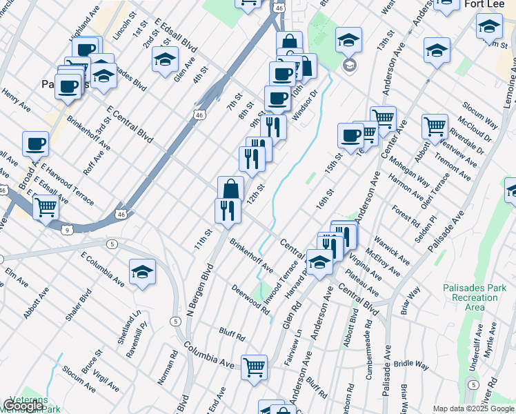 map of restaurants, bars, coffee shops, grocery stores, and more near 437 East Central Boulevard in Palisades Park