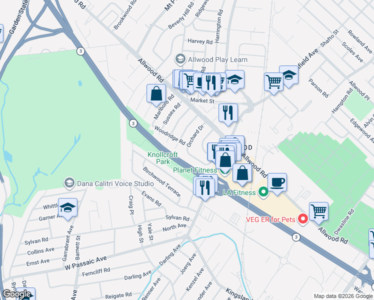 map of restaurants, bars, coffee shops, grocery stores, and more near 80 Orchard Drive in Clifton