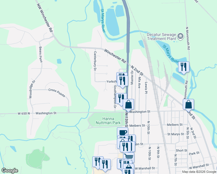 map of restaurants, bars, coffee shops, grocery stores, and more near 1315 Canterbury Drive in Decatur