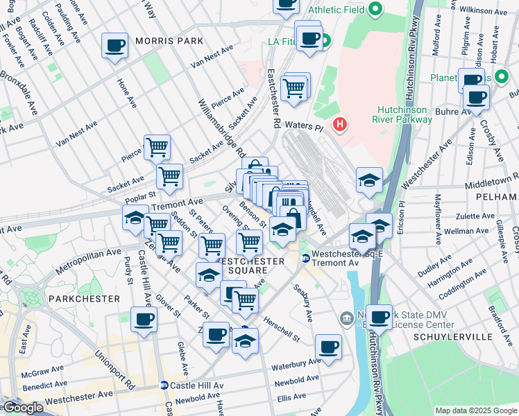 map of restaurants, bars, coffee shops, grocery stores, and more near 2702A East Tremont Avenue in The Bronx