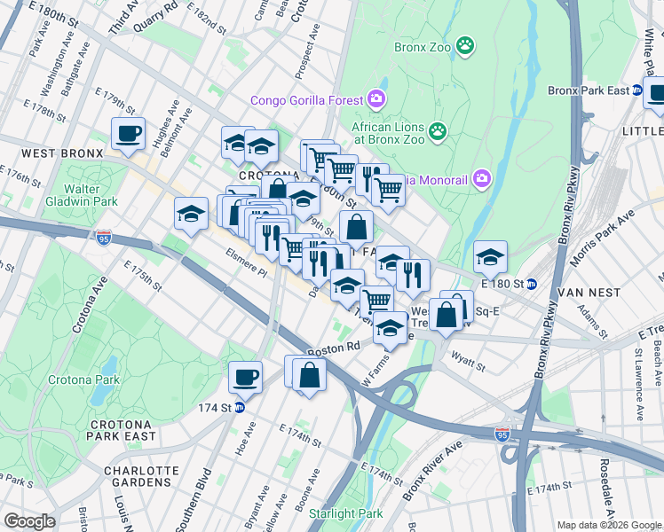 map of restaurants, bars, coffee shops, grocery stores, and more near 948 East 178th Street in Bronx