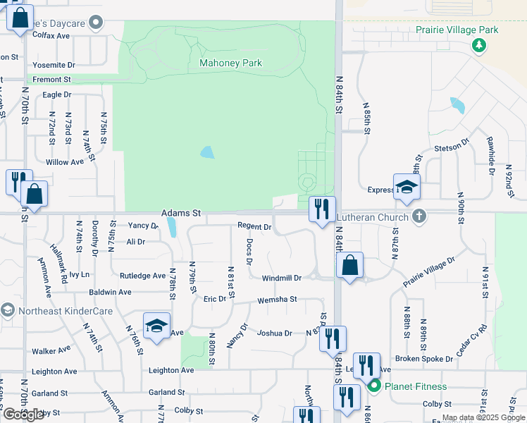 map of restaurants, bars, coffee shops, grocery stores, and more near 8315 Adams Street in Lincoln