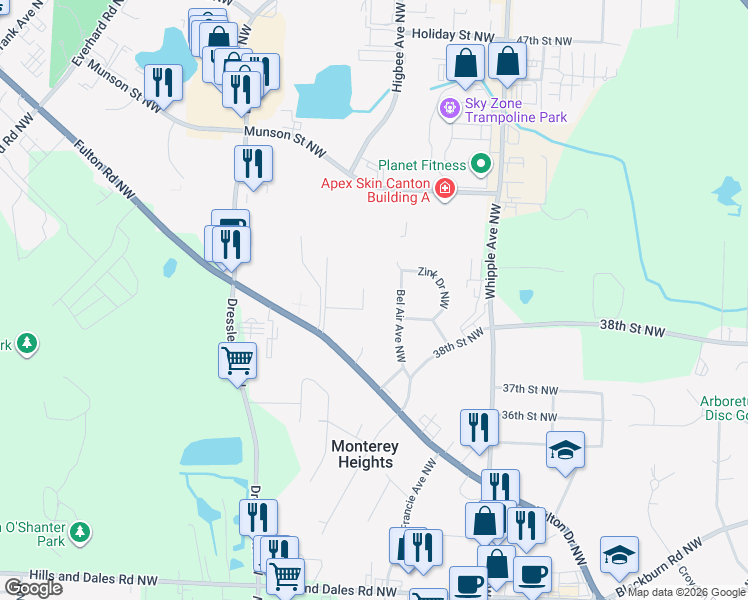 map of restaurants, bars, coffee shops, grocery stores, and more near 4144 Reicosky Lane Northwest in Canton