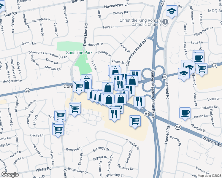 map of restaurants, bars, coffee shops, grocery stores, and more near Jericho Turnpike in Commack