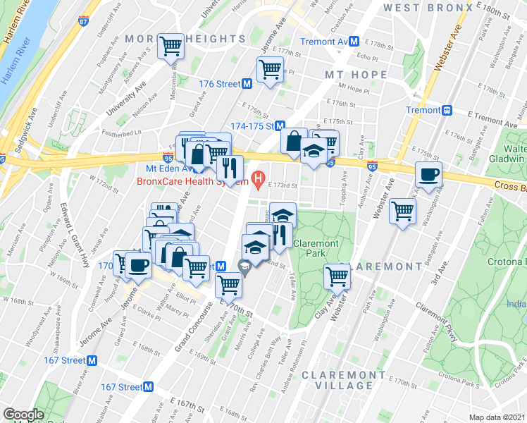 map of restaurants, bars, coffee shops, grocery stores, and more near 174 Mt Eden Pkwy in Bronx