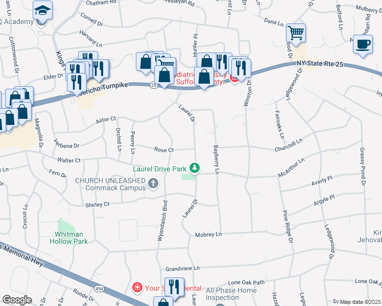 map of restaurants, bars, coffee shops, grocery stores, and more near 34 Rose Court in Smithtown