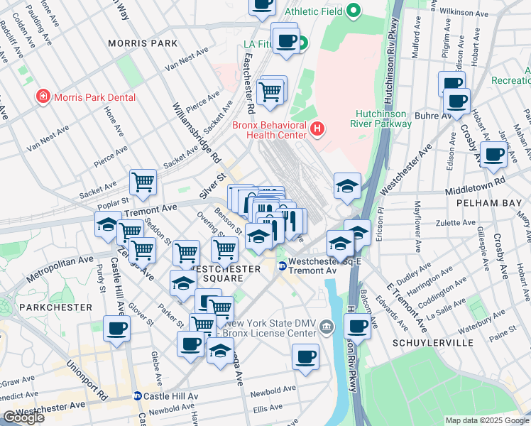 map of restaurants, bars, coffee shops, grocery stores, and more near 1400 Williamsbridge Road in Bronx