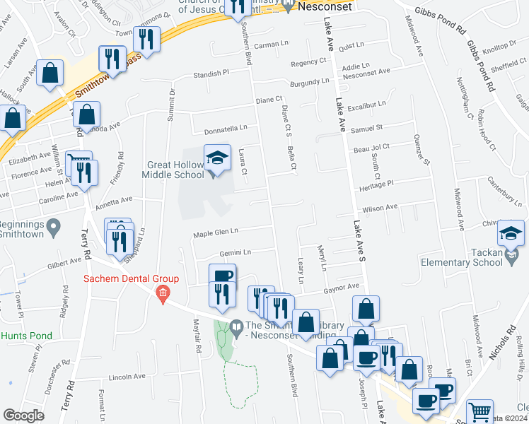 map of restaurants, bars, coffee shops, grocery stores, and more near 160 Southern Boulevard in Nesconset