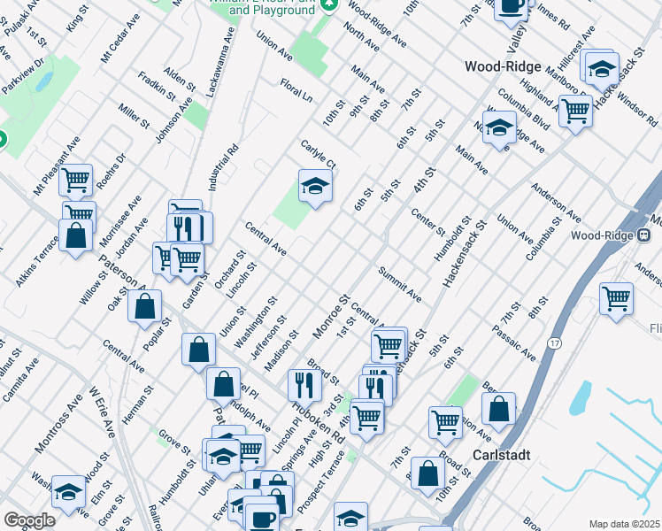map of restaurants, bars, coffee shops, grocery stores, and more near 530 Madison Street in Carlstadt
