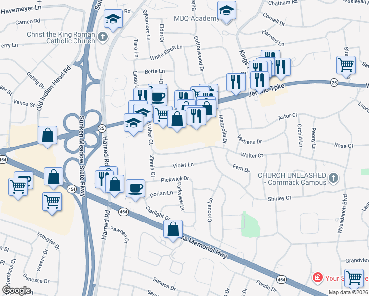 map of restaurants, bars, coffee shops, grocery stores, and more near 37 Walter Court in Commack