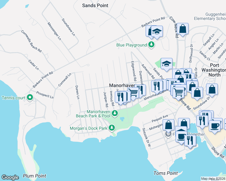 map of restaurants, bars, coffee shops, grocery stores, and more near 16 Inwood Road in Port Washington