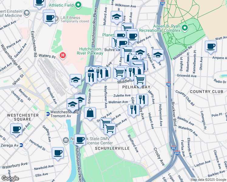 map of restaurants, bars, coffee shops, grocery stores, and more near 2900 Zulette Avenue in Bronx