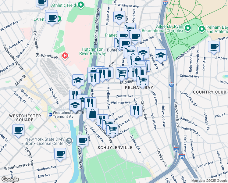 map of restaurants, bars, coffee shops, grocery stores, and more near 1542 Mayflower Avenue in Bronx