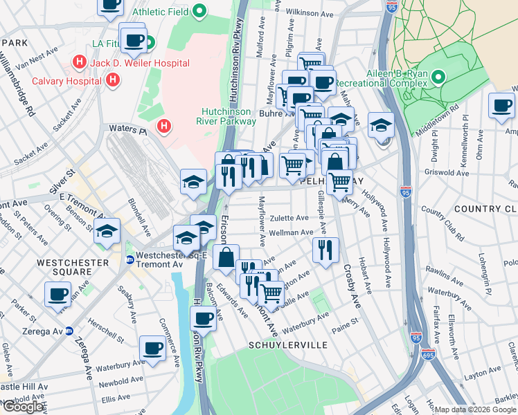 map of restaurants, bars, coffee shops, grocery stores, and more near 1542 Mayflower Avenue in Bronx