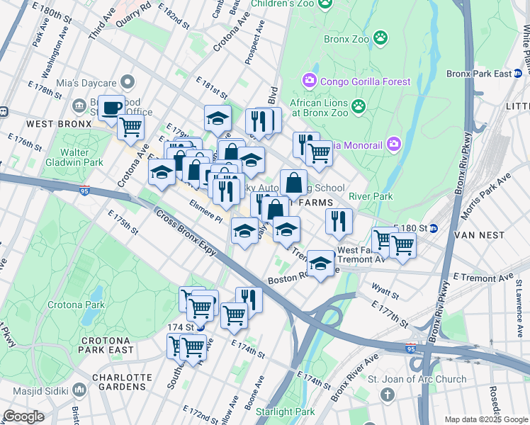 map of restaurants, bars, coffee shops, grocery stores, and more near 919 East Tremont Avenue in Bronx