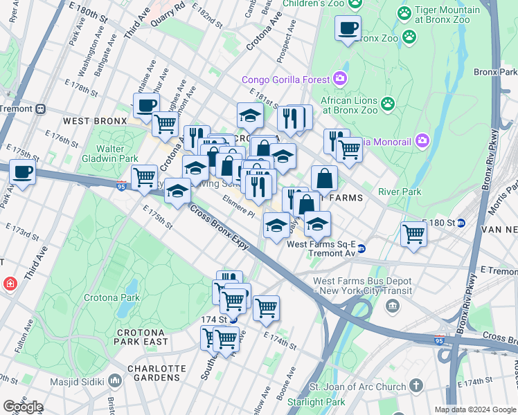 map of restaurants, bars, coffee shops, grocery stores, and more near in The Bronx