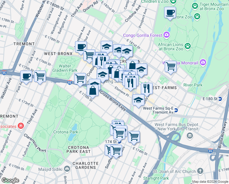 map of restaurants, bars, coffee shops, grocery stores, and more near 806 Fairmount Place in The Bronx